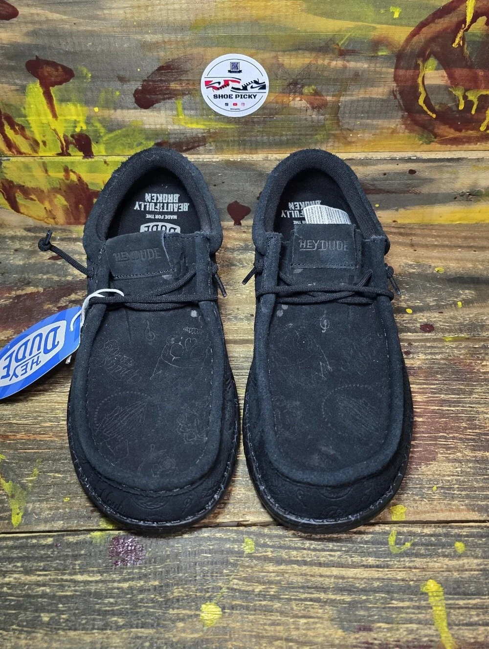 Hey Dude Wally Jelly Roll Men's Size 9 Black Suede Tattoo Loafers 44964-060 NEW